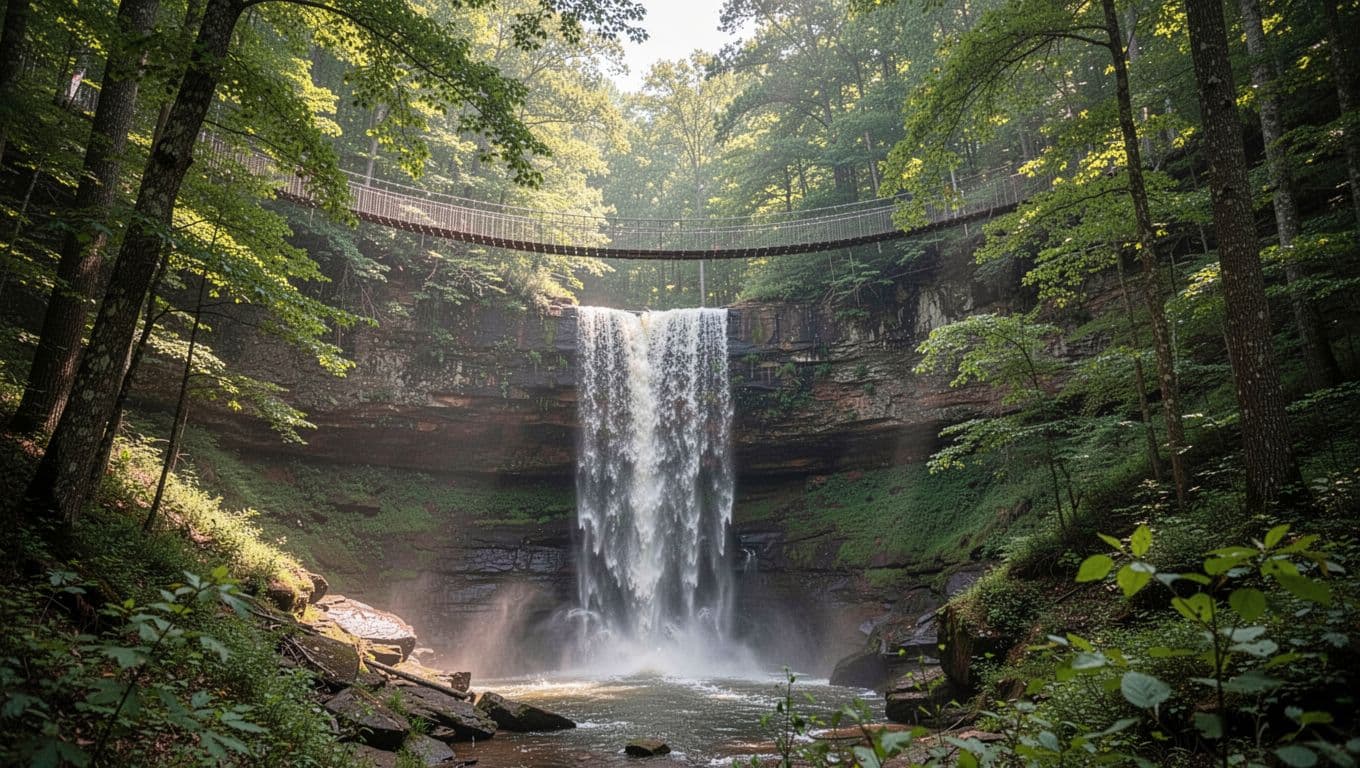 Waterfall cascades into gorge with suspension bridge in lush green forest; dappled sunlight and top 'Local Falls' banner.