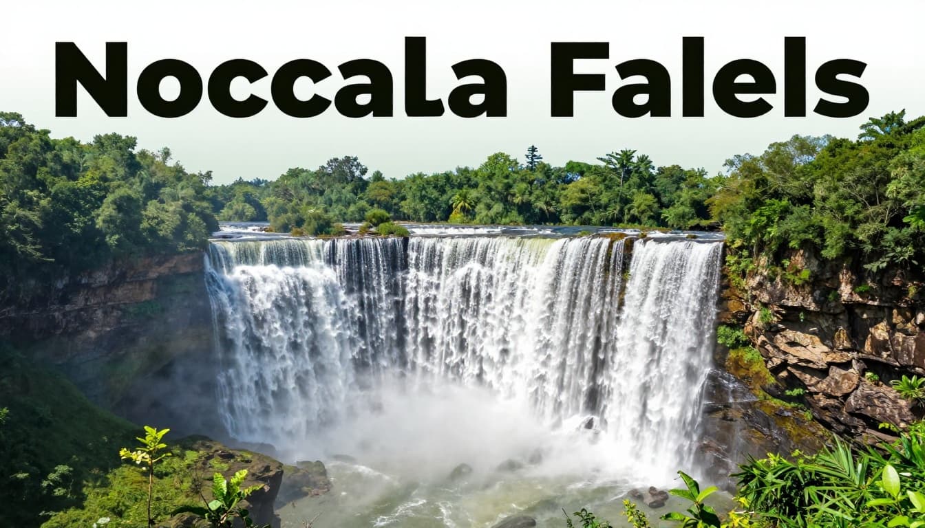 90-foot waterfall plunges from rocky edge into misty gorge amid lush green forest, viewed from overlook with bold green 'Noccalula Falls' headline band at top.