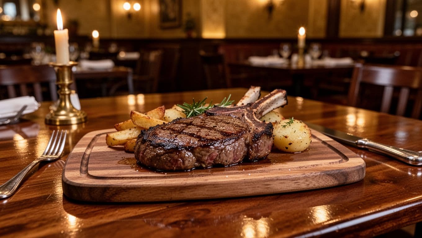 Ribeye steak with sides on wooden table in candlelit Southern restaurant, green OAK HOUSE banner at top.