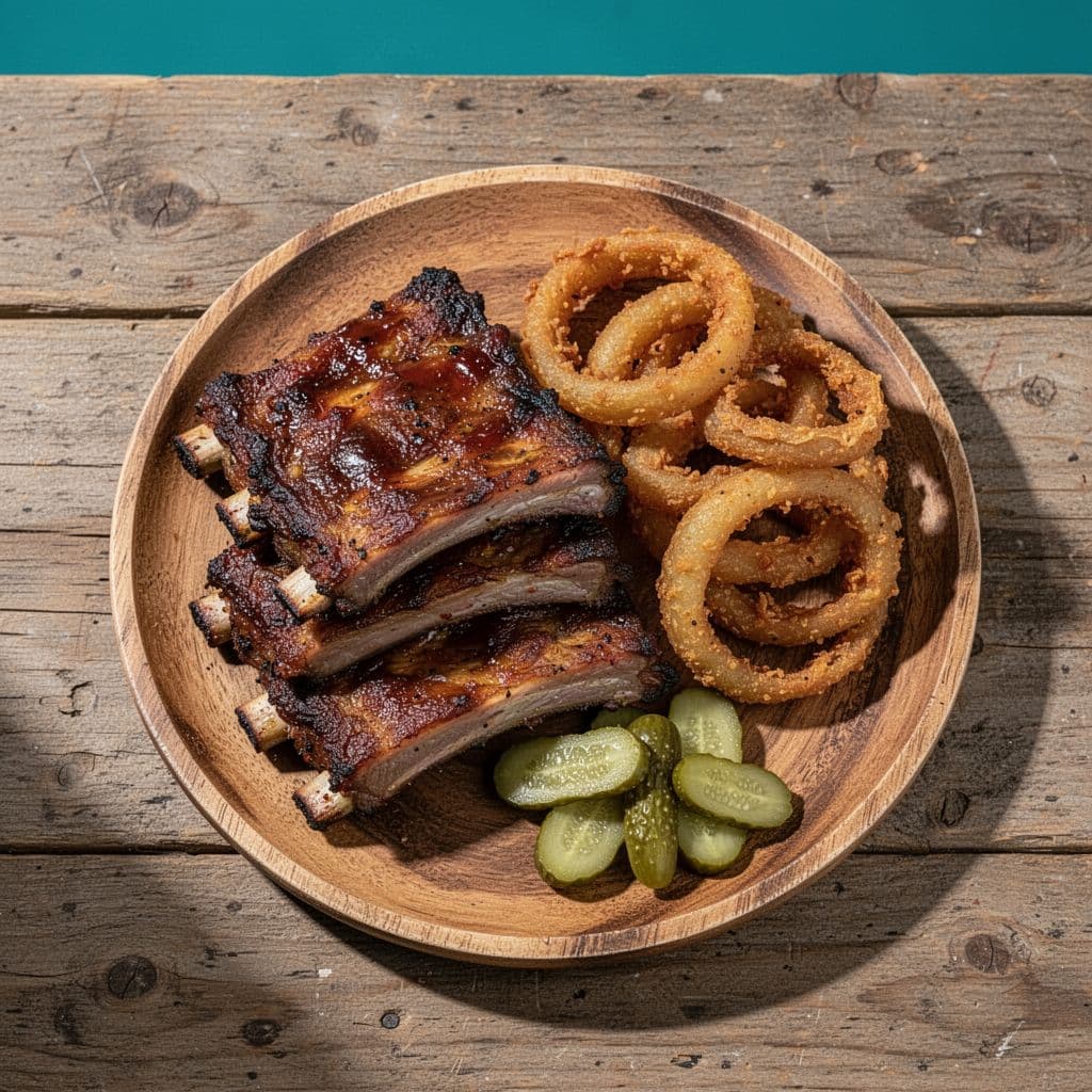 Plate of smoked ribs, onion rings, and pickles on wooden table with green Local Flavors band at top.