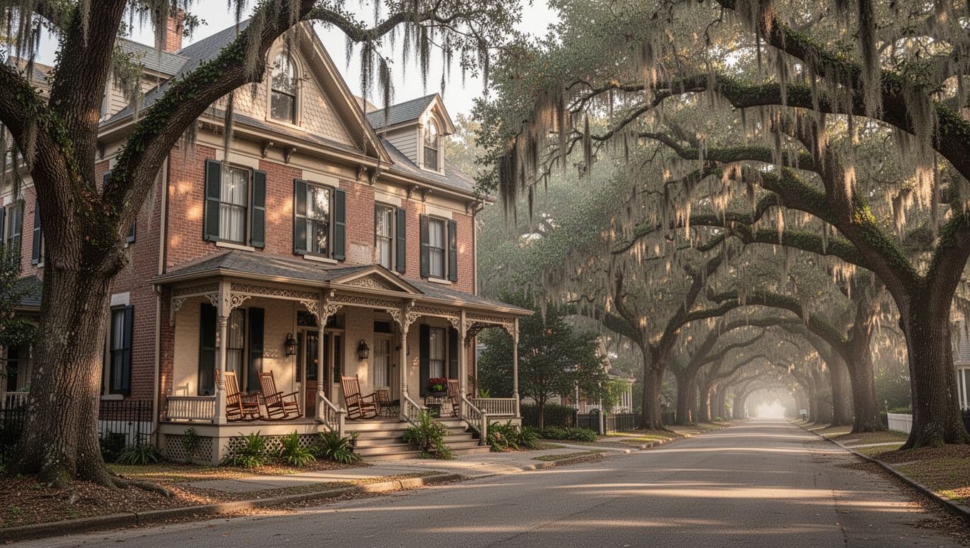 Victorian house facade as B&B with porch rocking chairs, moss-draped oaks on street, green top band reading 'Historic Charm'.