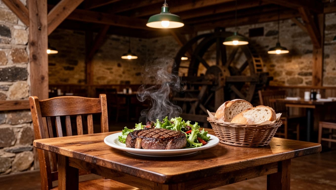 Rustic interior with green 'STEAKHOUSE' banner at top, foreground wooden table with sizzling ribeye, salad, bread basket, one empty chair, exposed beams, stone walls, warm lamp light.