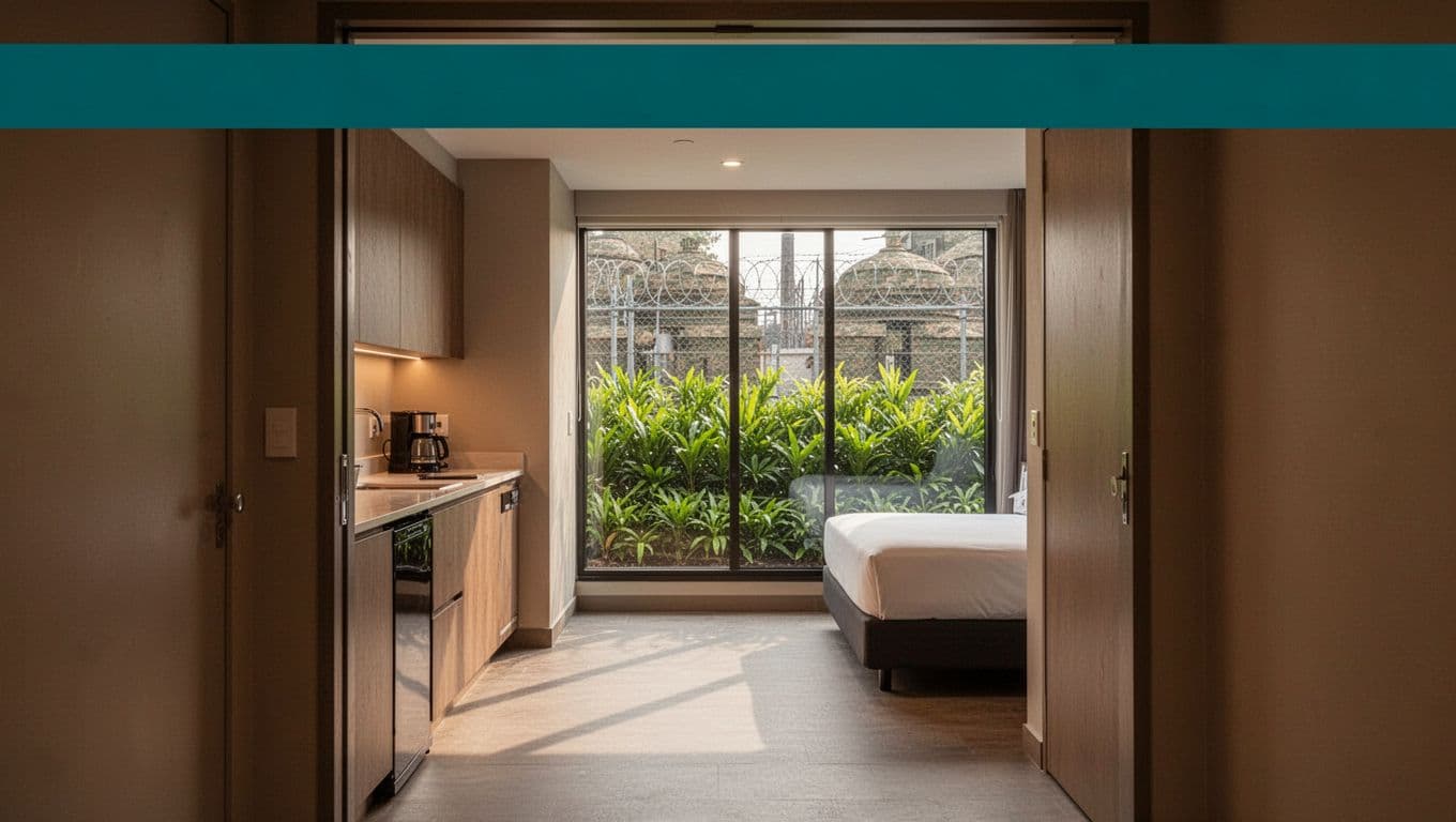 Green 'On Base' header band above hallway view into empty modern suite with kitchenette, bed, and window to green grounds.