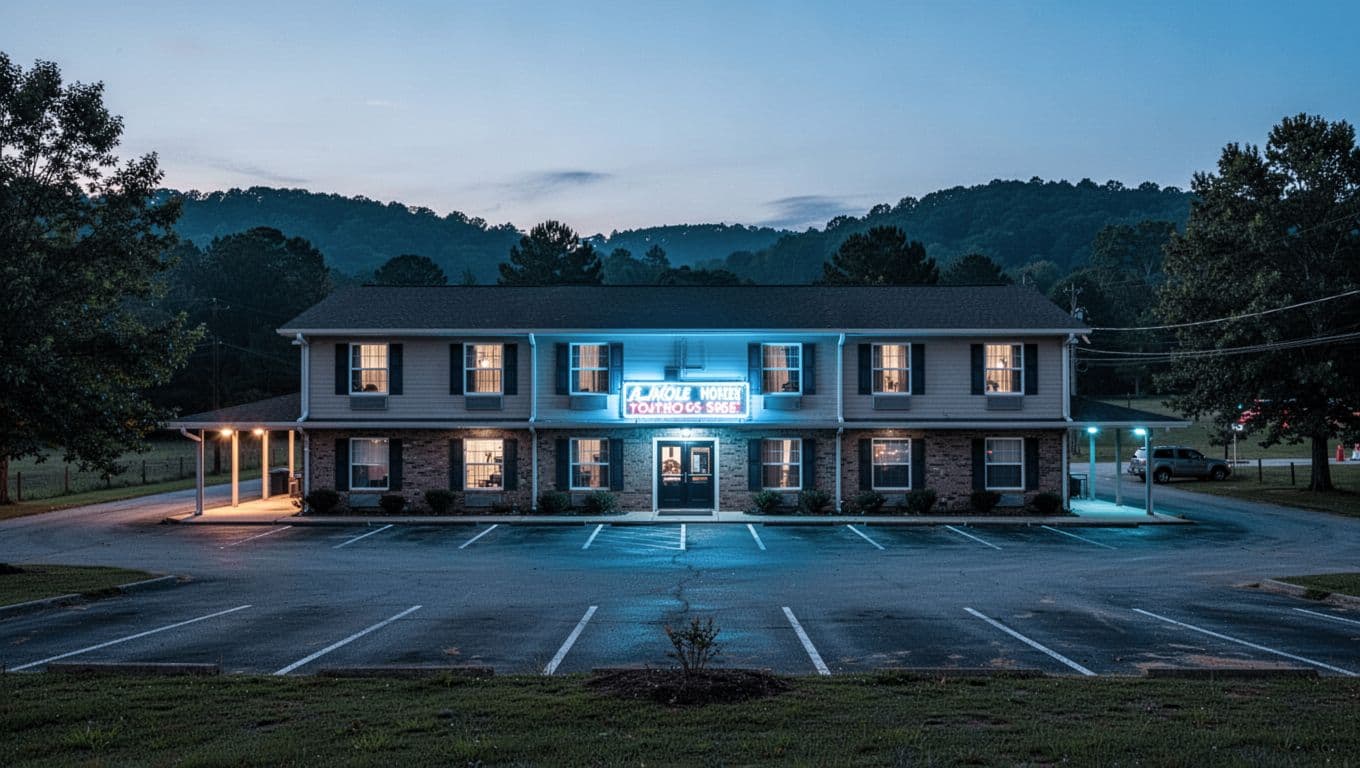 Two-story roadside hotel at dusk with neon sign, parking lot, trees, hills, and green top headline band.
