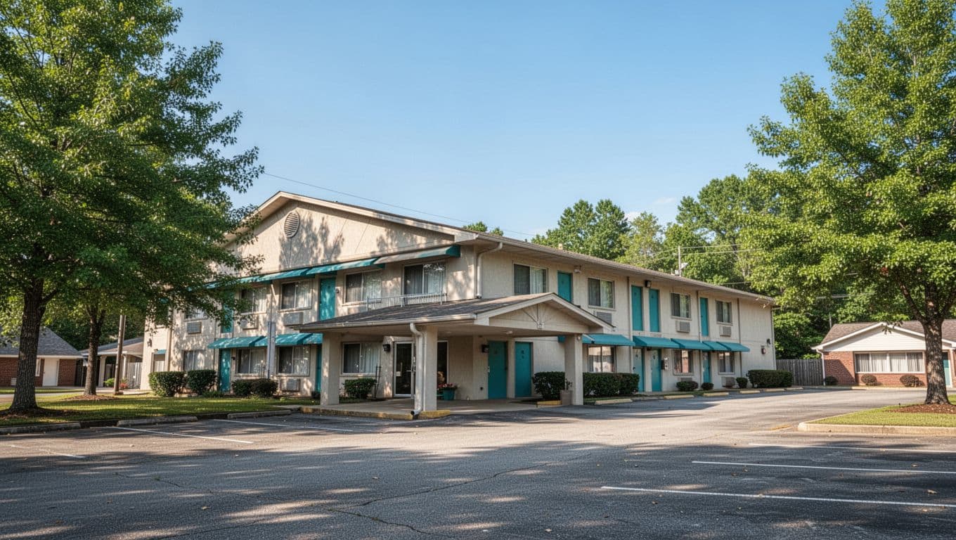 Two-story budget motel building with parking lot, entrance area, green trees, blue sky, and top green banner reading Oneonta Stays.
