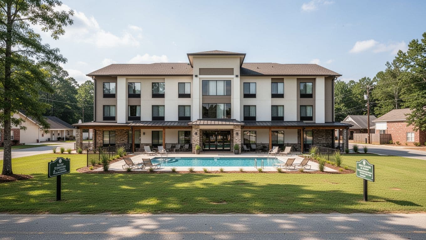 Two-story Best Western-style hotel with pool area, highway sign nearby, green lawns under daylight, topped by bold 'Opp Inn Pick' green headline band.