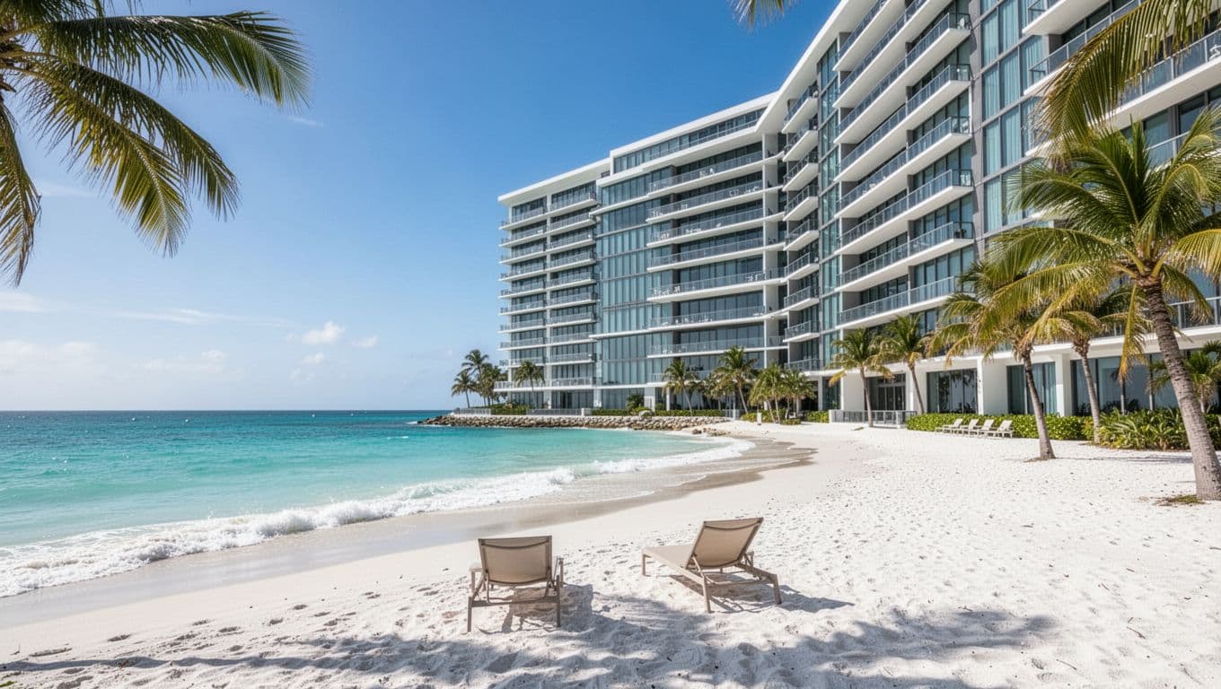 Modern centered hotel with balconies on white sand Gulf beach, gentle waves, palm trees, two lounge chairs, sunny blue sky, green 'Beachfront Stay' banner.
