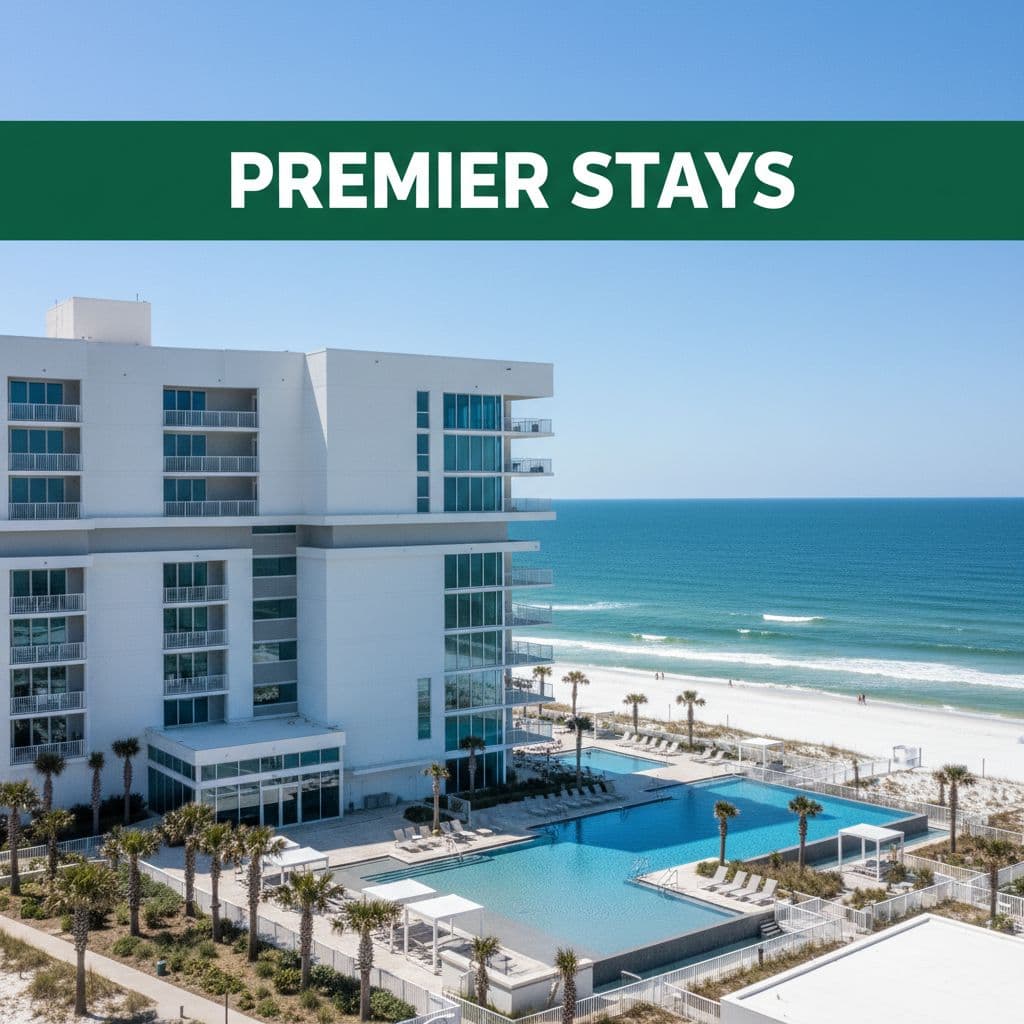 A luxury hotel with crisp white geometric architecture stands against a vivid blue ocean. A horizontal green band across the top features bold white text labeling the premier beachfront property.