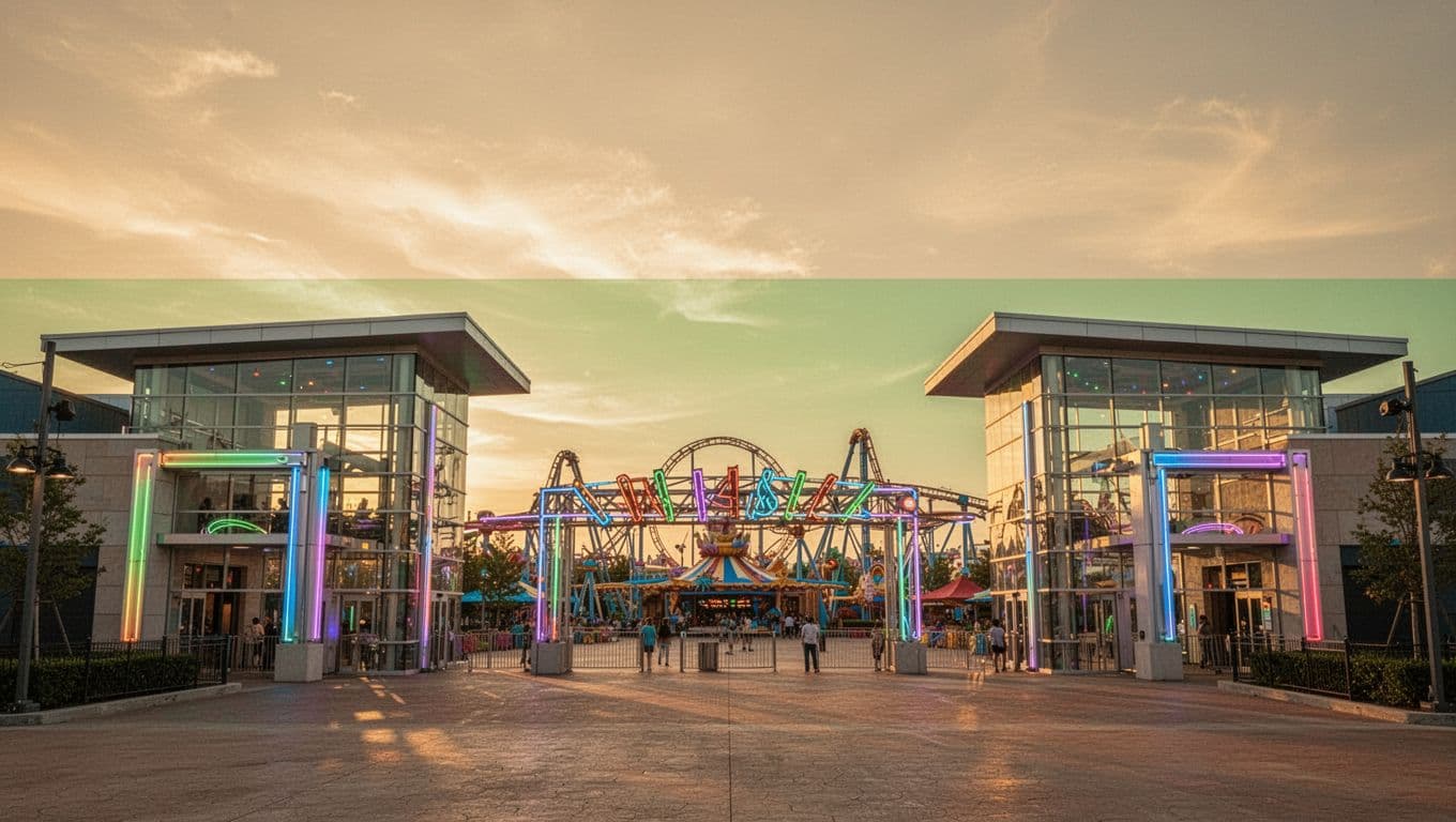 A vibrant amusement park entrance at sunset featuring modern architecture and glowing colorful lights.