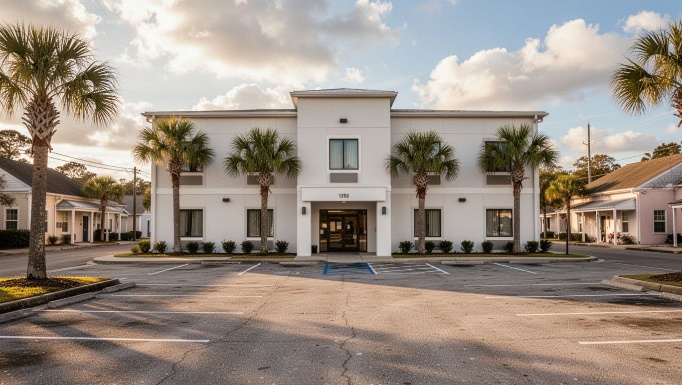 Two-story budget hotel facade with empty parking lot, palm trees, and top green 'Budget Rooms' banner under partly cloudy sky.