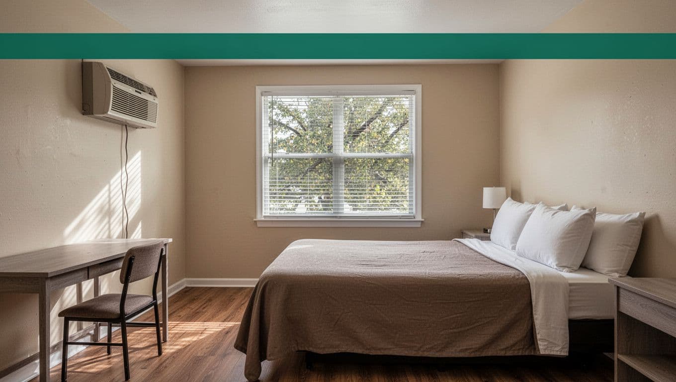 Clean budget motel room with bed, desk, AC unit, and window showing trees, under green 'Ozark Rooms' headline band.