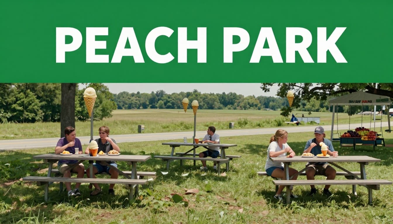Roadside peach stand with ice cream cones and cobbler slices at picnic tables, family of three eating casually in green countryside, PEACH PARK banner on top.