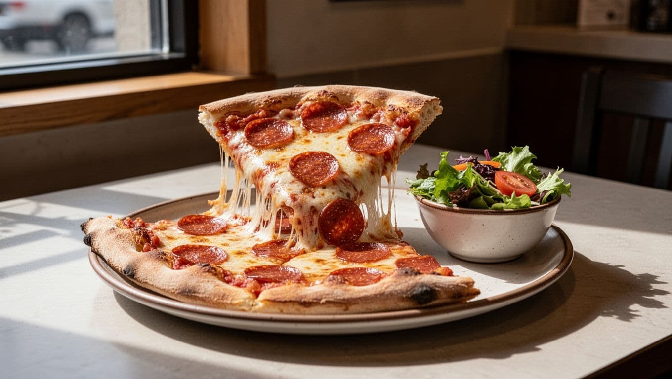 Large New York-style pepperoni pizza slice with gooey cheese pull next to small salad bowl in casual pizzeria interior, bright daylight through window, green 'Pizza Night' headline band at top.