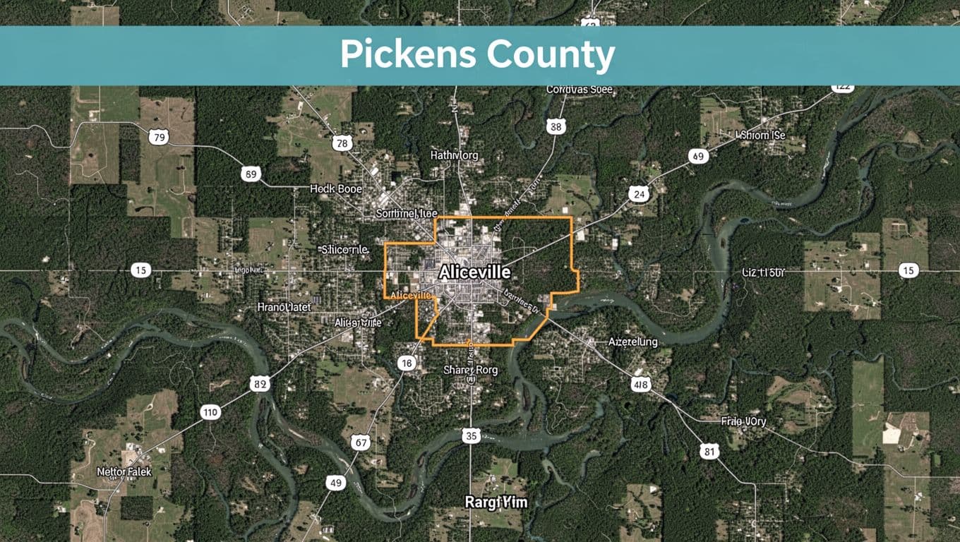 Overhead map of Pickens County, Alabama, centering highlighted Aliceville amid roads, rivers, and forests, topped with green PICKENS SPOT header.