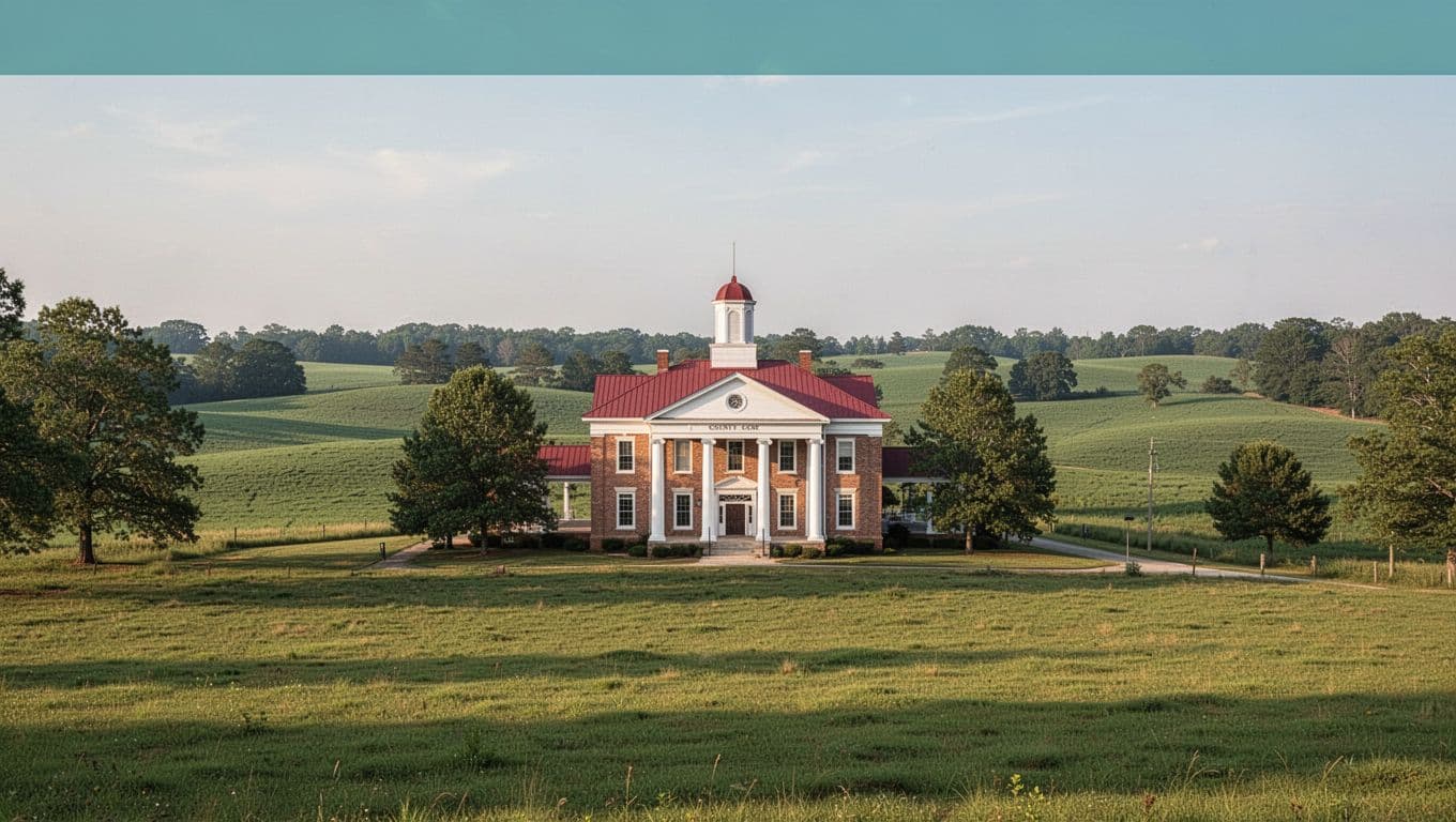 Central courthouse amid green fields in rural Alabama, green top band with 'Pickens County' text.
