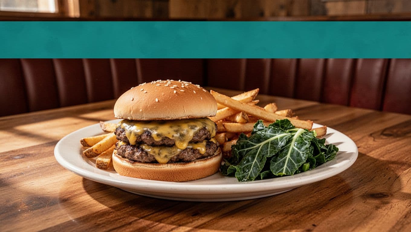 Plate of double cheeseburger with fries and collard greens on booth table under PICKETT'S DINER green header.
