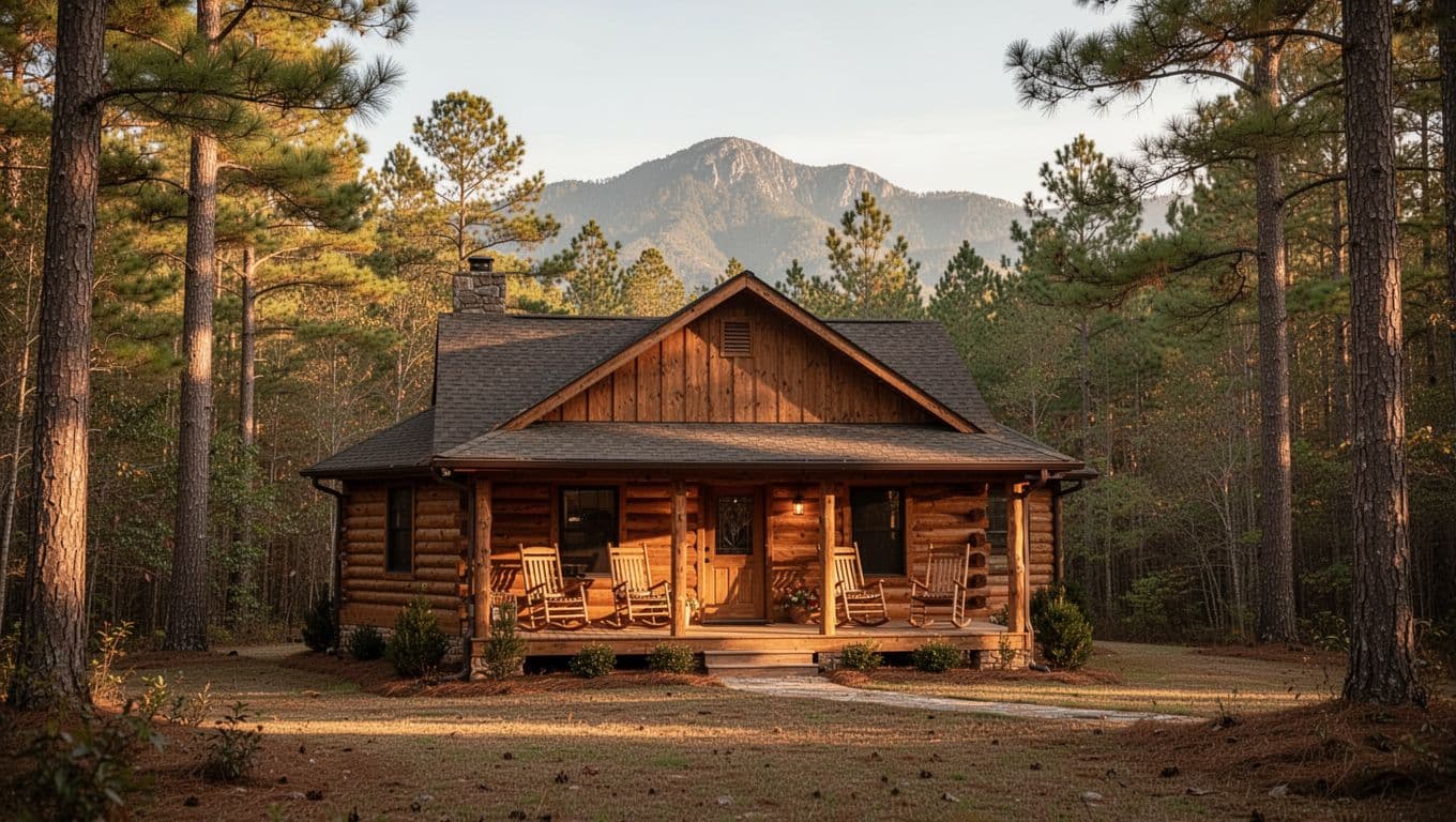 Log cabin with porch and rocking chairs amid pine trees and mountains in golden hour light, green 'Cabin Stays' banner at top.