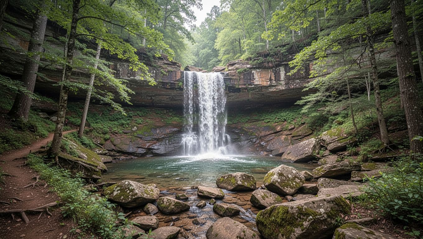 Pisgah Gorge waterfall cascades over rocks into clear pool with mossy boulders and overhanging trees in lush forest.
