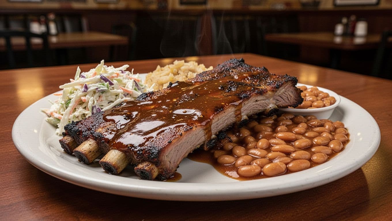 Saucy pit-smoked ribs on white plate with coleslaw and baked beans, green 'Ribs Done Right' headline band at top in restaurant setting.