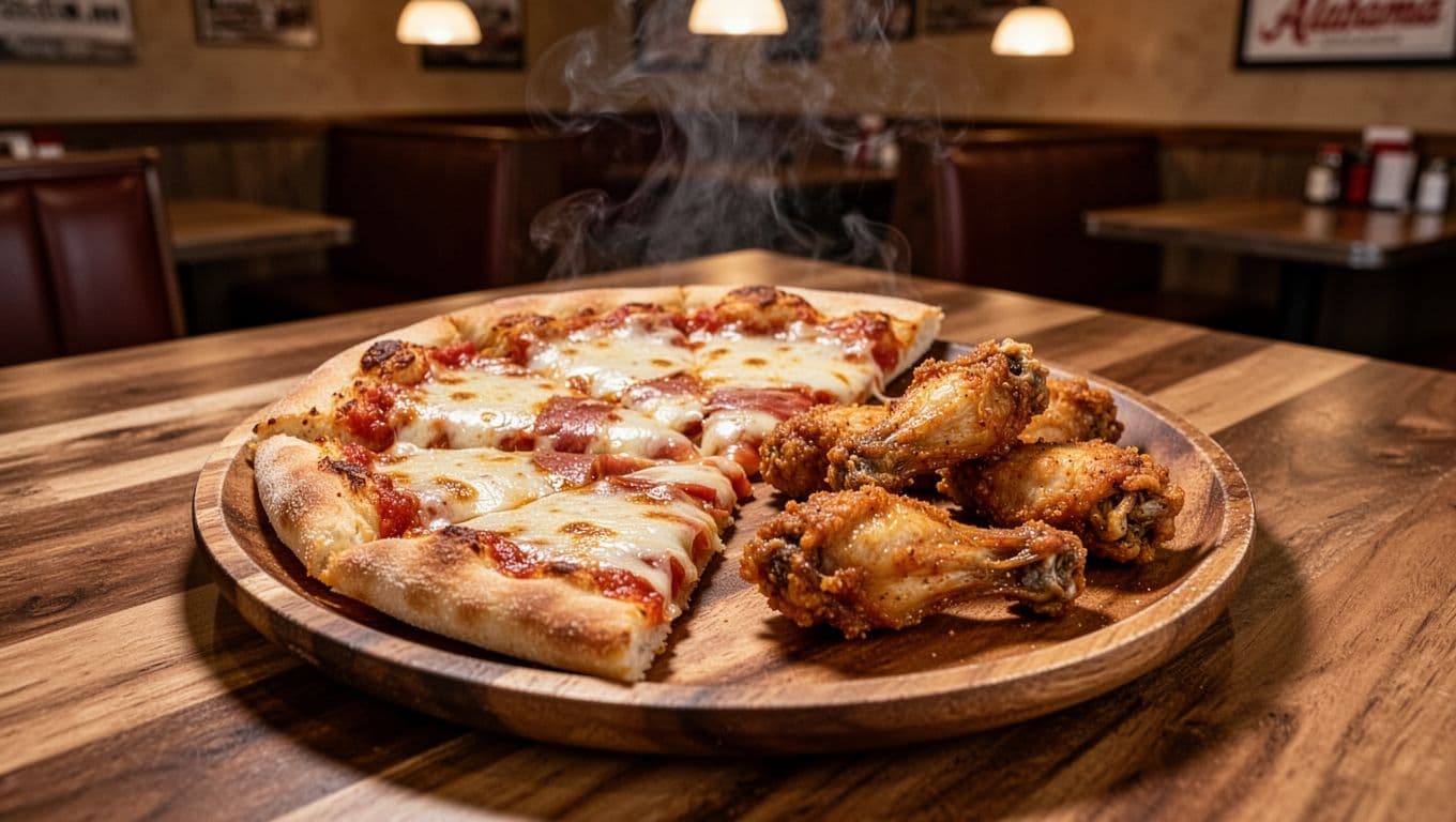 Steam rises from pizza slice and chicken wings on wooden plate in cozy diner under green Menu Stars banner.