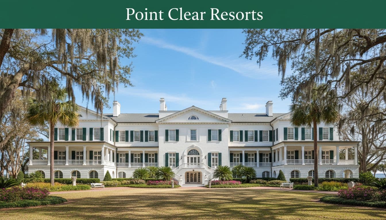 A classic white resort building with green shutters stands among lush landscaping and mature trees.