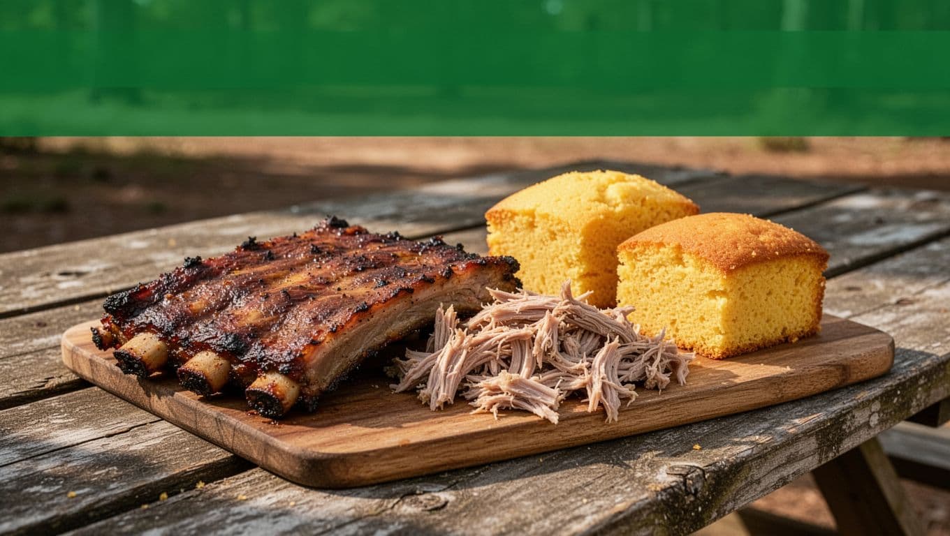 Green 'PORKY'S BBQ' header above close-up of smoked ribs, pulled pork, cornbread on wooden picnic table in sunlight.