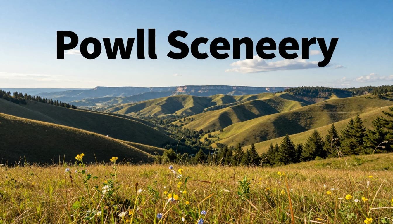 Rolling green hills with pine forests, distant canyon rims, and expansive valley view near Powell, foreground wildflowers under blue sky, topped by green band with Powell Scenery headline.