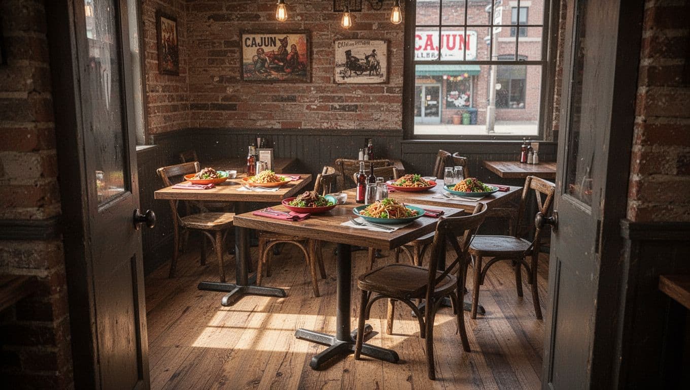 Green header band with 'Cajun Flavors' above doorway view of two wooden tables with vibrant dishes in softly lit interior.