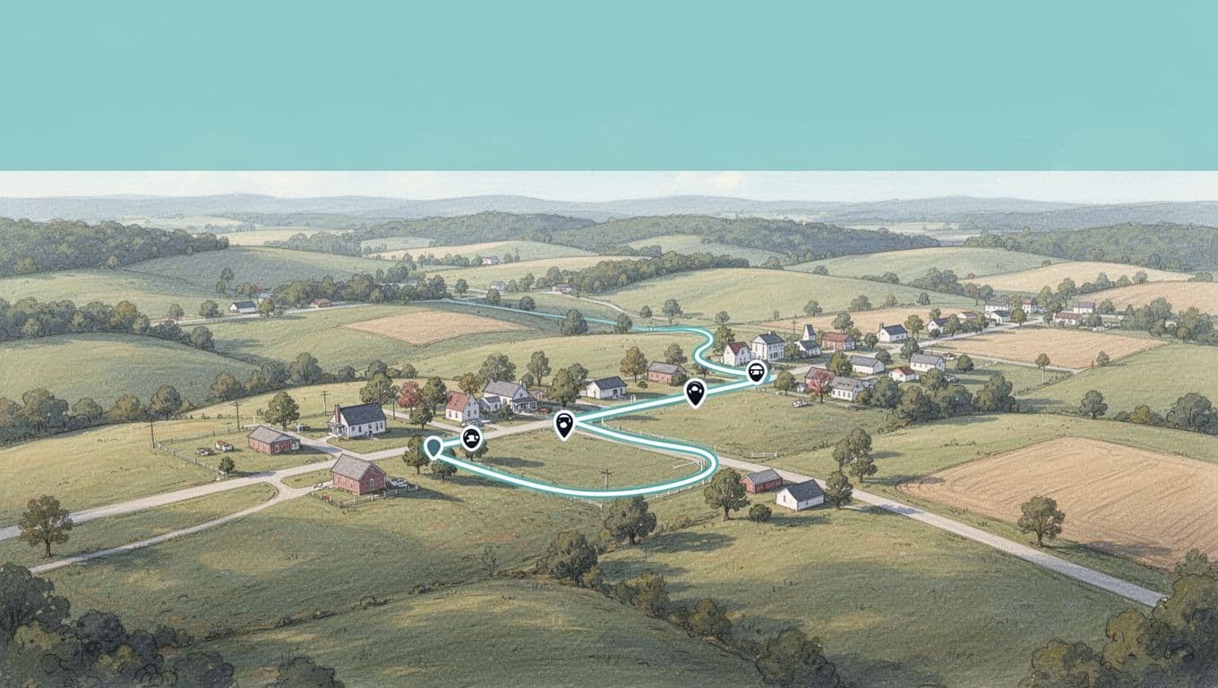 Overhead illustrative map of Prattville with paths from Autaugaville to restaurants, green band behind top Quick Drive headline.