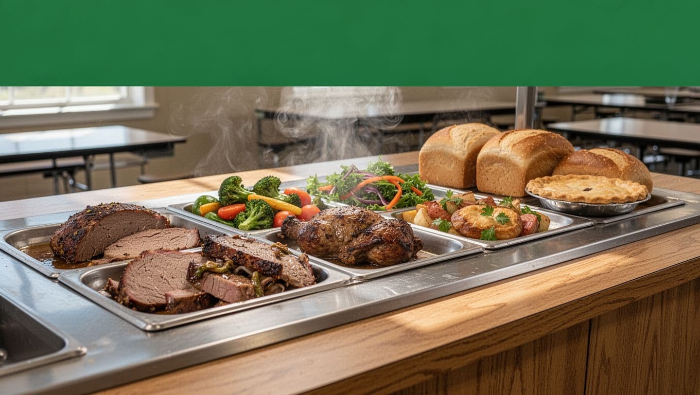 Green top band with 'LOCAL BUFFET' headline above steaming Southern lunch trays of meats, vegetables, bread, and pie on wooden counters.