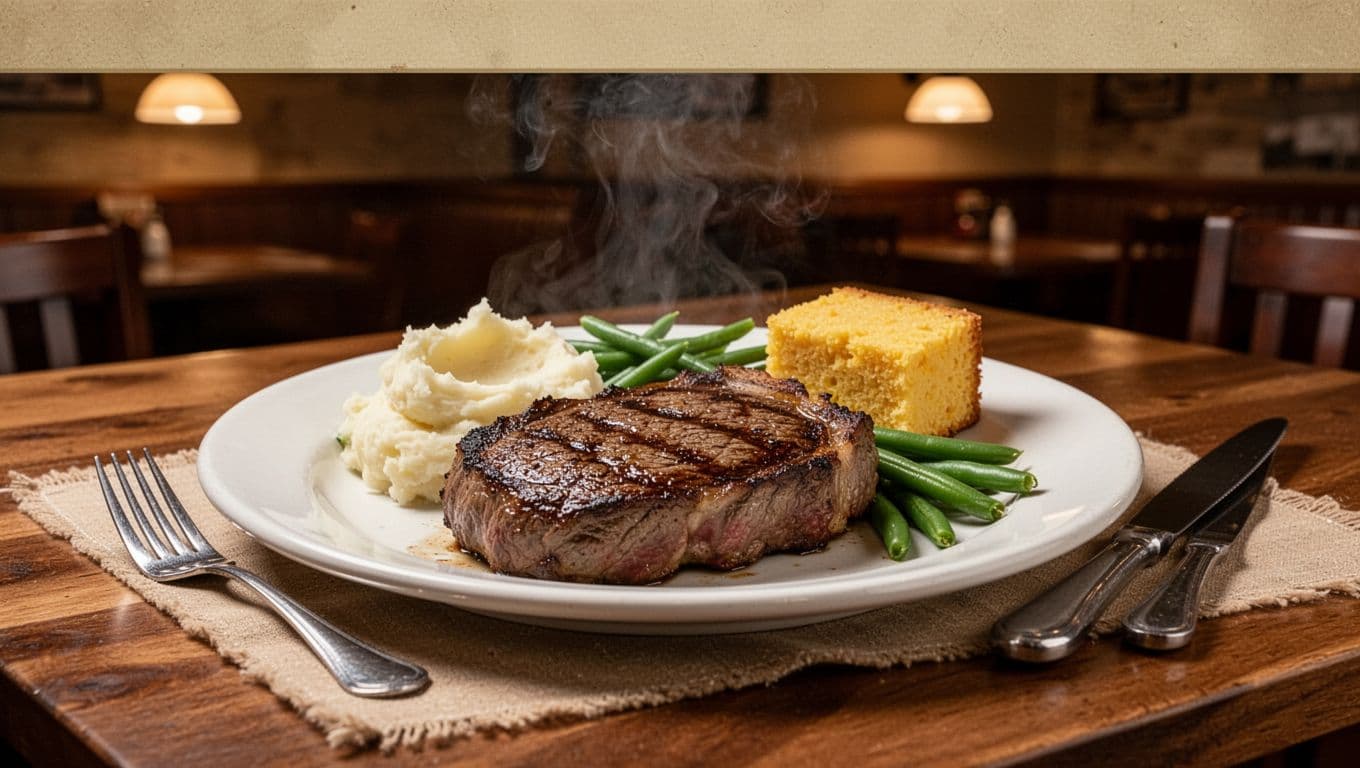 Sizzling ribeye steak with mashed potatoes, green beans, cornbread on wooden table with Prime Rib headline band.