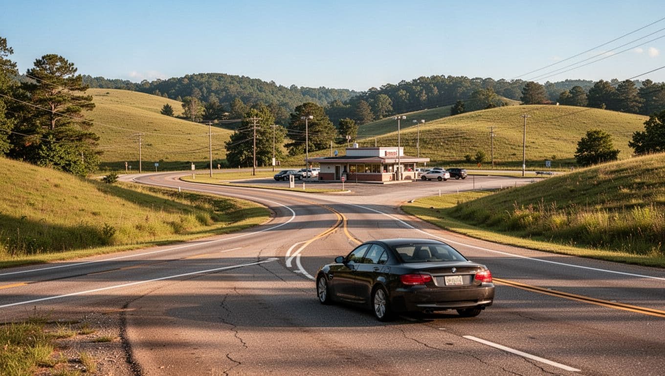 Green 'Pro Tips' banner above curving highway leading to distant diner, one empty car parked, green hills, blue sky.