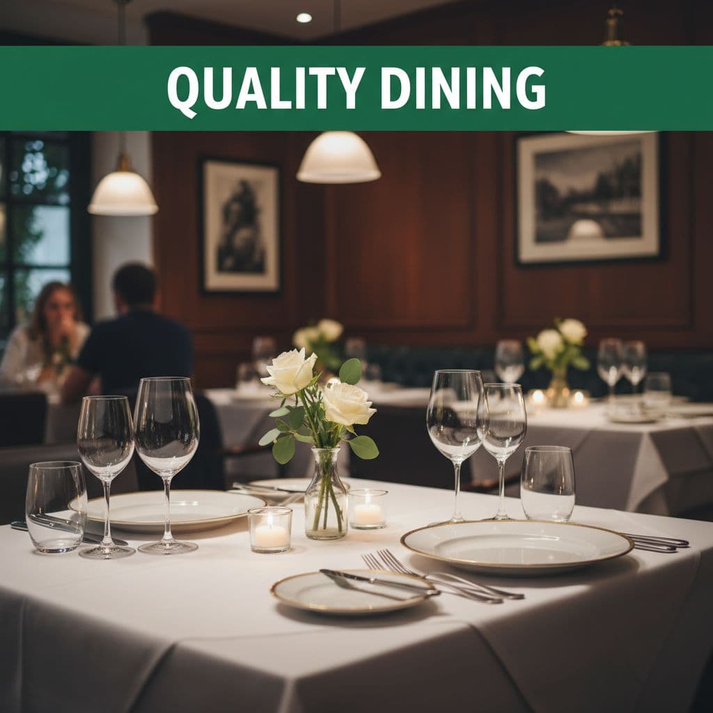 An elegantly set restaurant table with glassware and crisp linens under warm ambient lighting.