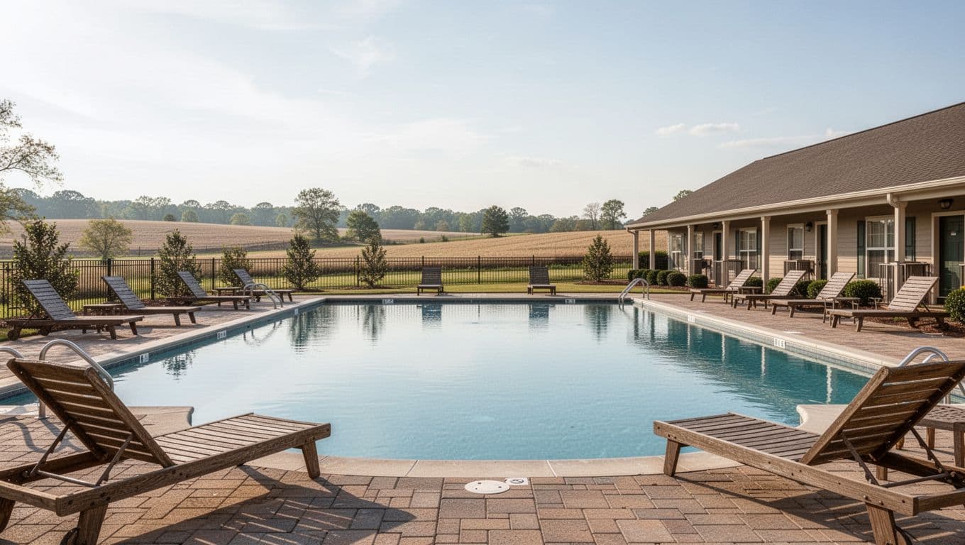 Empty hotel pool in rural setting with lounge chairs, building, and green 'QUALITY VALUE' banner at top.