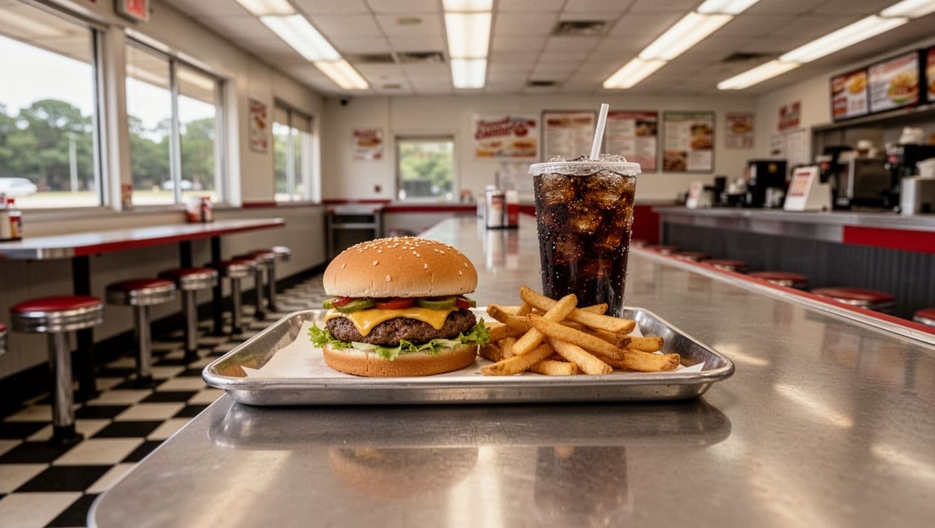 Empty classic fast-food counter with tray of burgers, fries, and drinks under green Quick Bites headline.