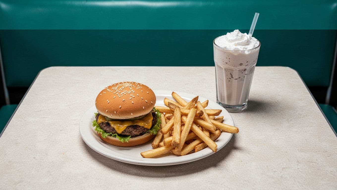 Green header band with 'Quick Eats' above top-down view of cheeseburger, fries, and milkshake on Formica table.