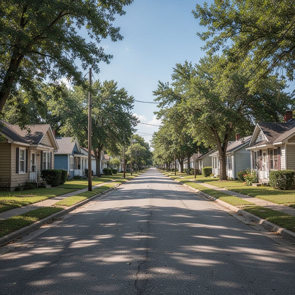 A peaceful tree-lined suburban road features single-story houses under a bright blue sky.