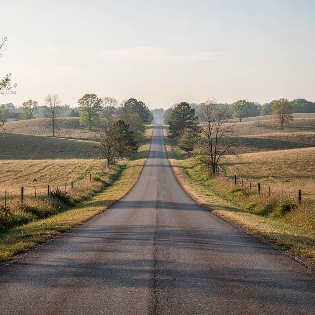 An empty asphalt road stretches toward the horizon through a peaceful, open Alabama landscape.
