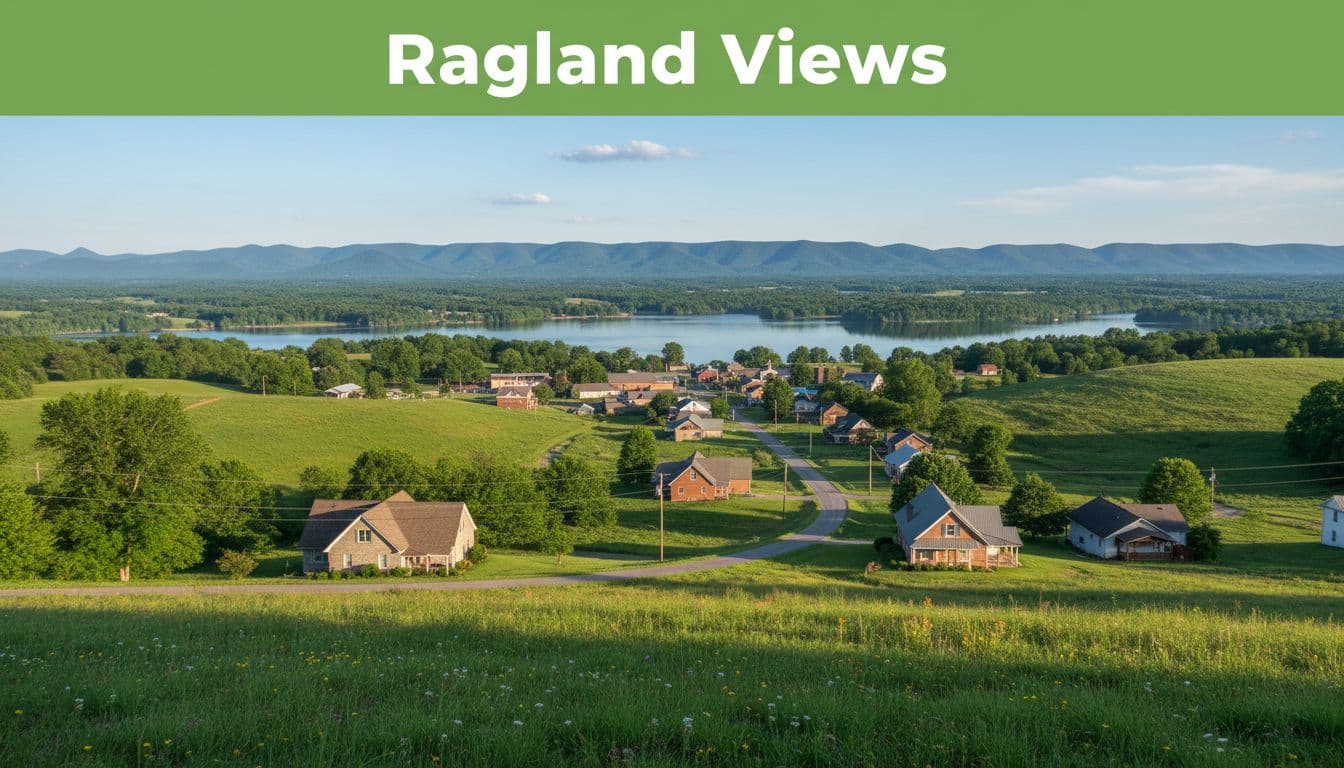 Small town Ragland amid rolling green hills with winding road, Logan Martin Lake and mountains in background under clear blue sky.