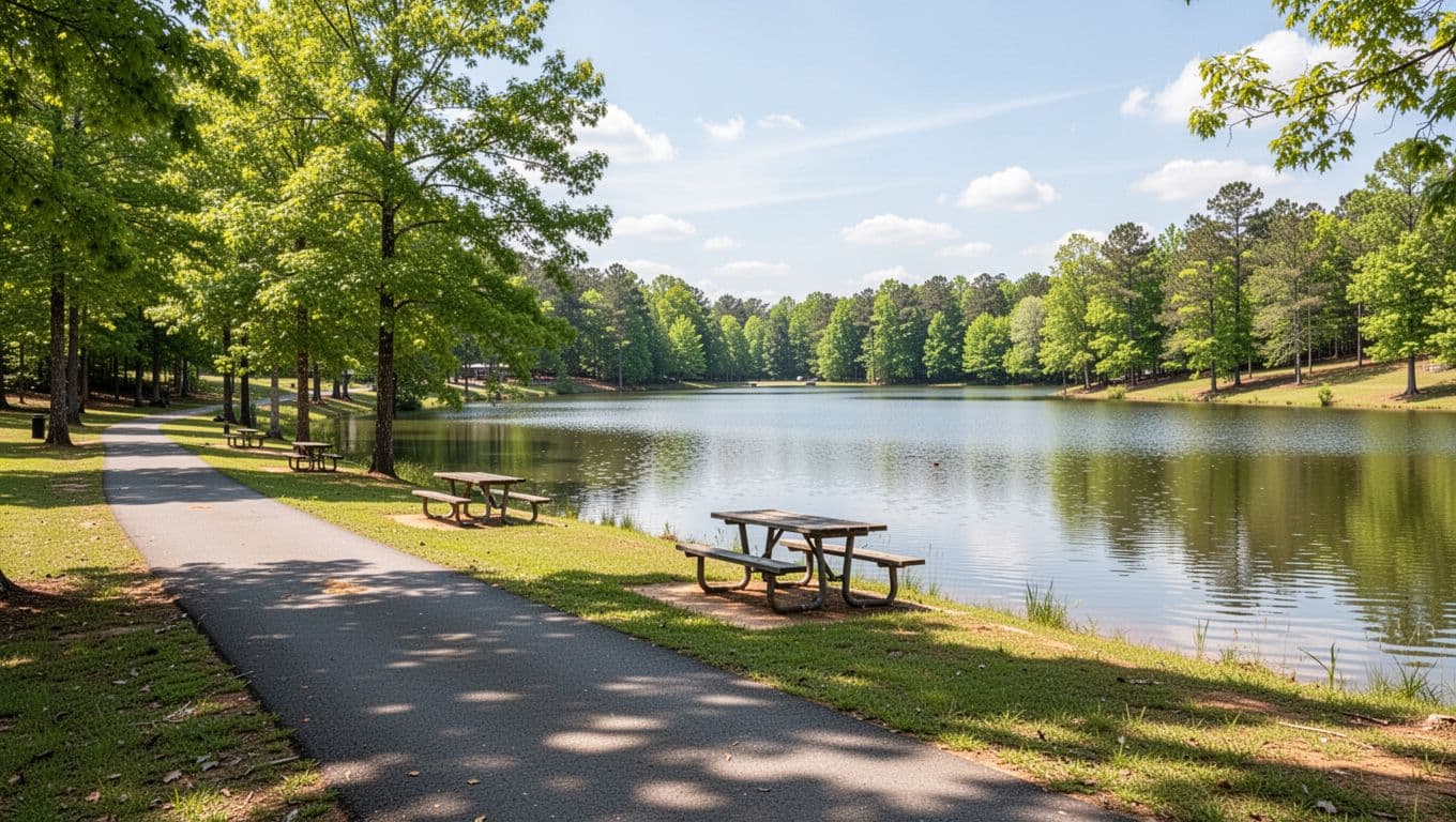 Sunny lakeside park in Ragland with picnic tables, trail to lake, green trees under green 'LAKE SPOT' header band.