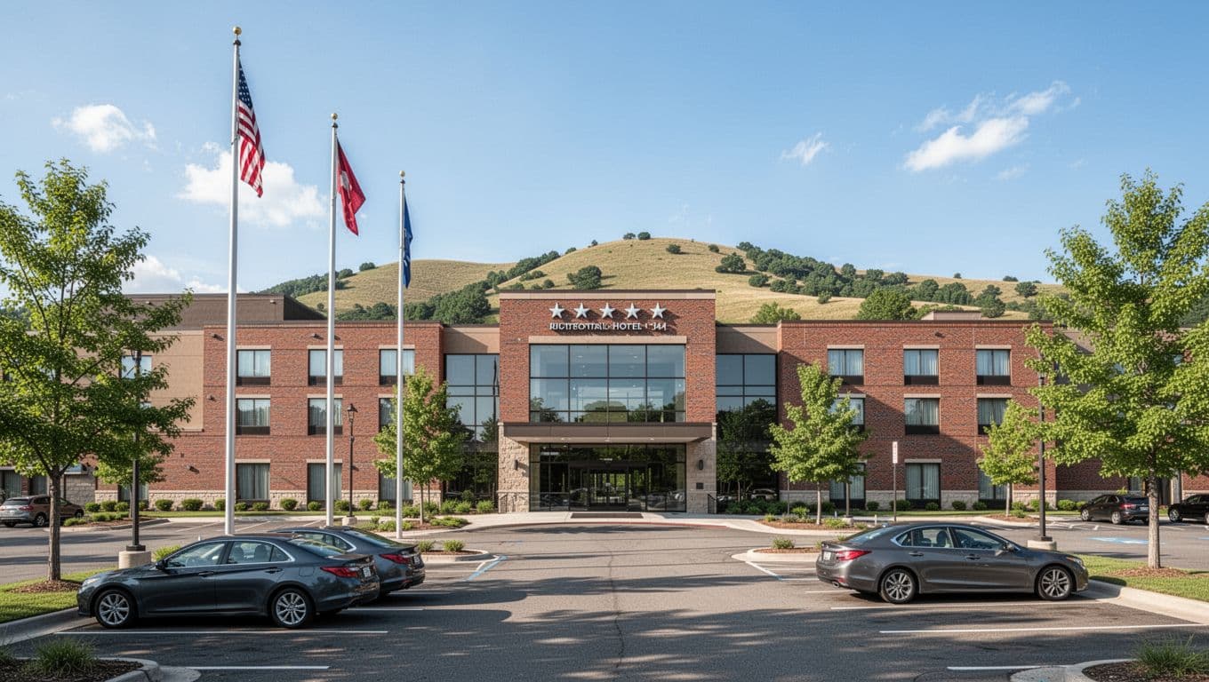 Clean brick hotel facade with glass entrance, two parked cars in lot, flagpole, trees, sunny blue sky, hills behind, Top Hotels banner at top.