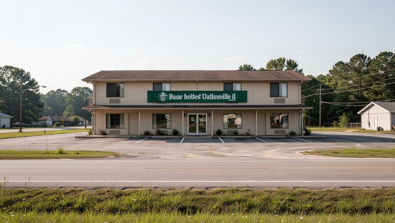 Daytime rural exterior of Super 8 hotel in Rainsville Alabama with parking highway sign and top green RAINSVILLE BUDGET banner.
