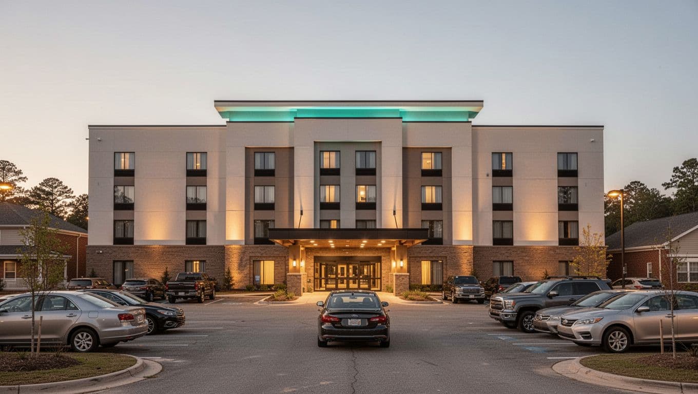 Clean modern exterior of Super 8 hotel in Rainsville, Alabama at dusk with lit entrance, sparse parking lot, few cars, one truck, and green top band reading 'Rainsville Hotel'.