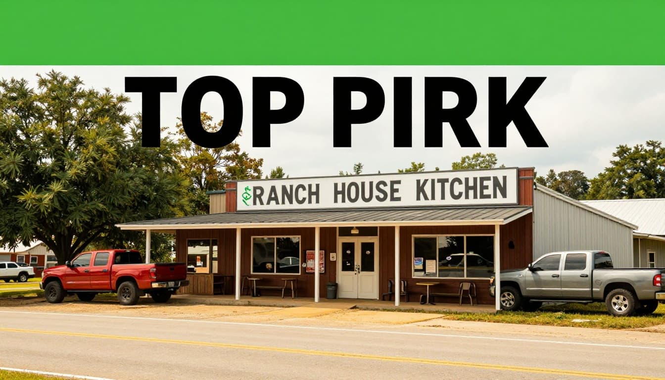 Exterior of Ranch House Kitchen barbecue restaurant on rural Alabama street with trees, parked pickup trucks, and green TOP PICK banner across top.