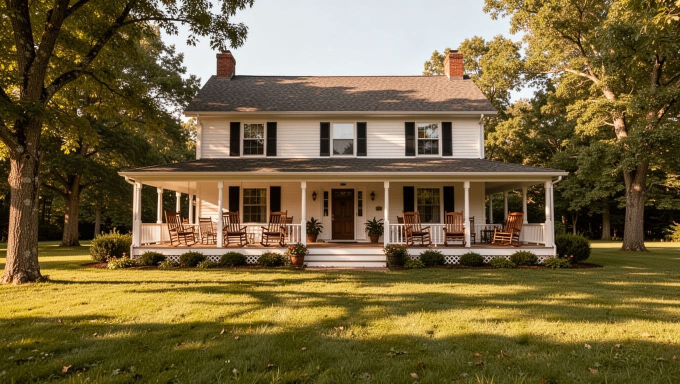 Manor house with wrap-around porch and rocking chairs on green lawn amid trees in sunny countryside, green banner 'Macon County B&B' near top.
