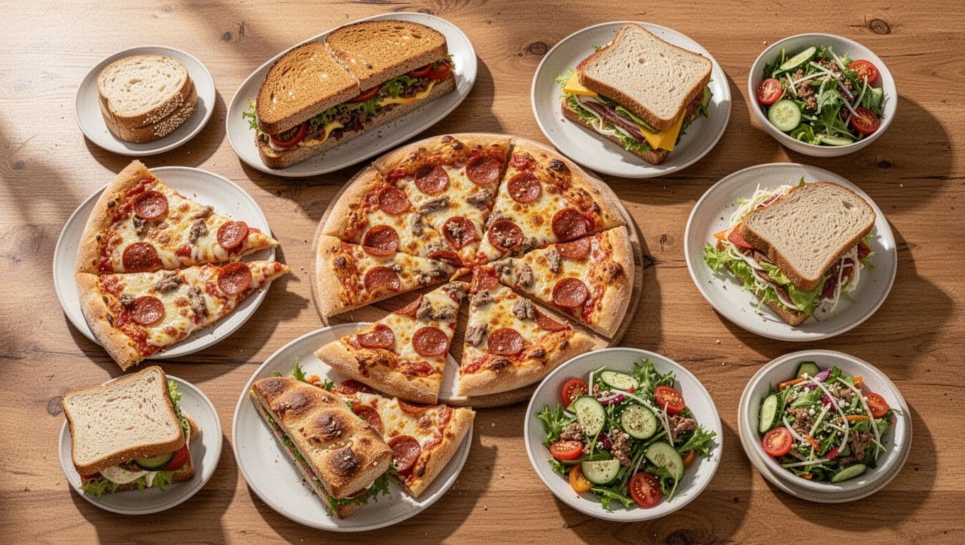 A flat lay display of pizza, sandwiches, and fresh sides arranged on a wooden table.