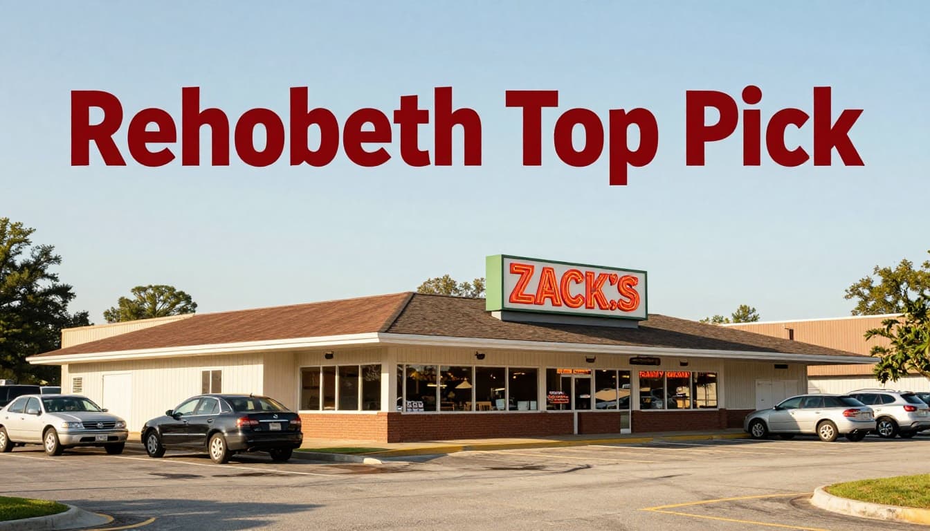 Sunny exterior of Zack's Family Restaurant with neon sign, few cars in parking lot, and green Rehobeth Top Pick headline band.