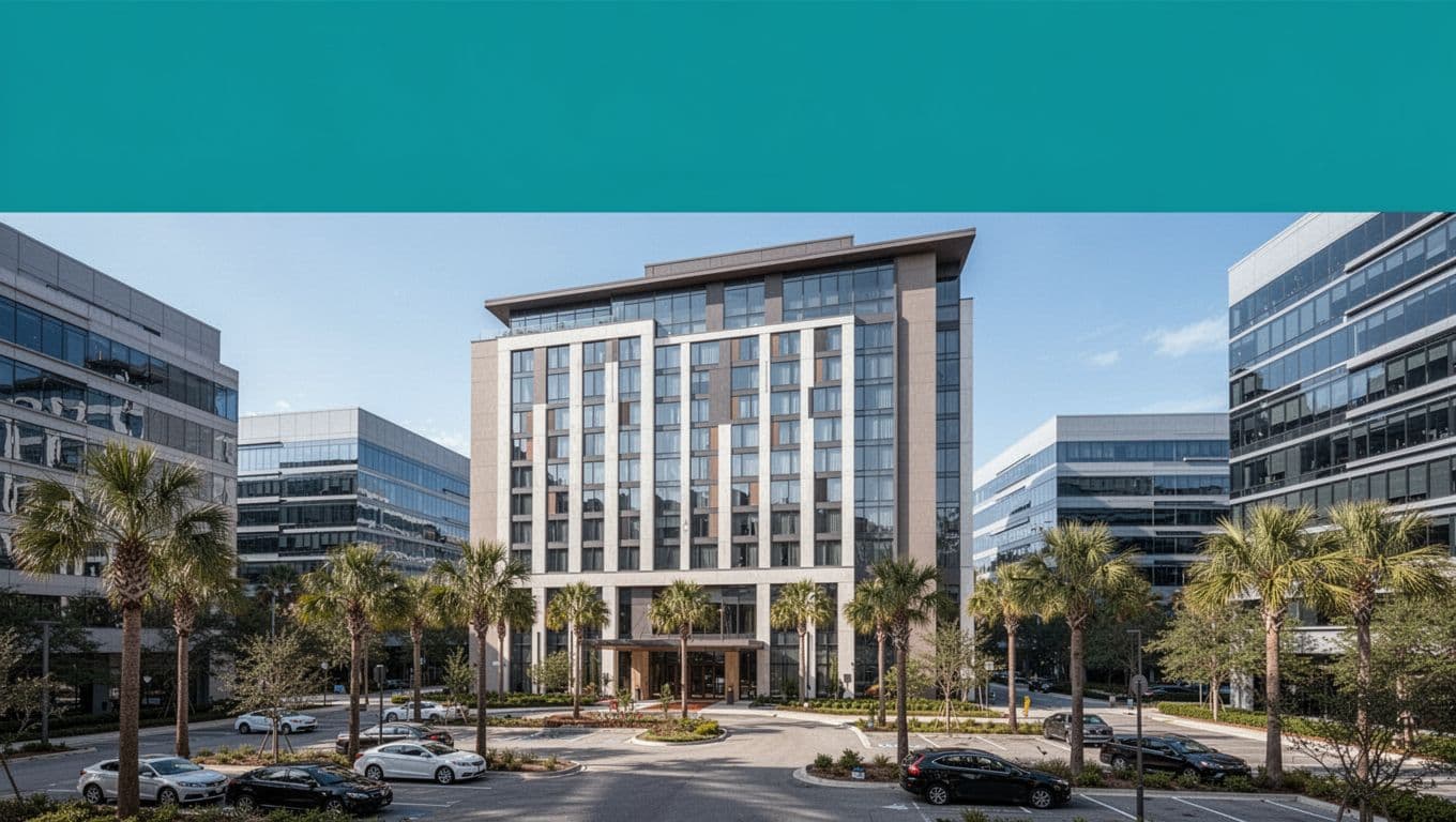 Green header band with 'Research Park' above contemporary hotel exterior amid modern offices, palms, and parking lot.