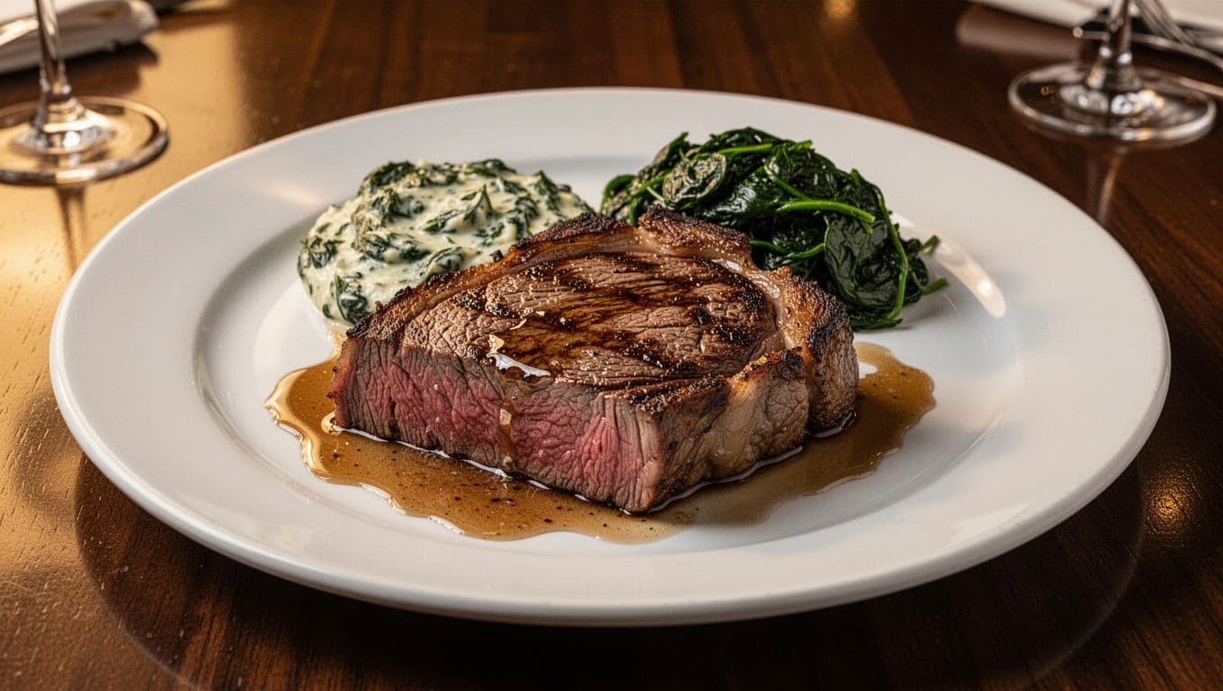 Sliced dry-aged ribeye with seared crust, pooling juices, creamed spinach on white plate on dark wood table.