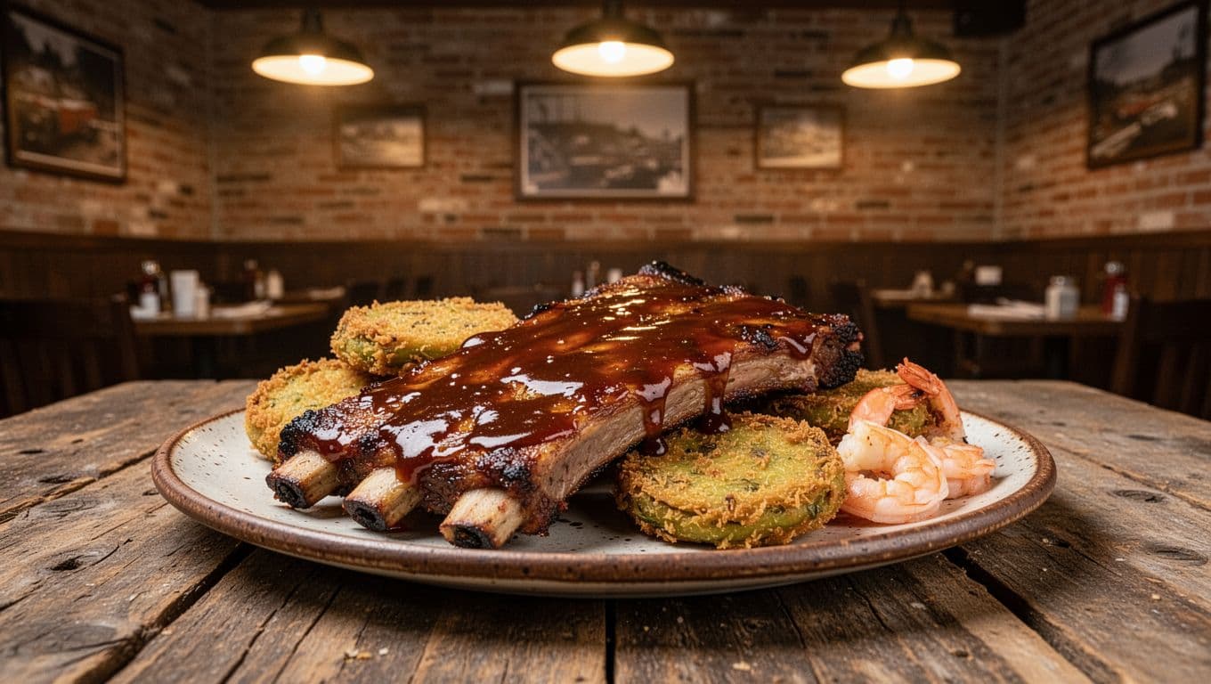 Glazed St. Louis ribs on rustic plate with fried green tomatoes and shrimp, on wooden table in brick roadhouse under soft lamps, green top band with ROADHOUSE RIBS headline.